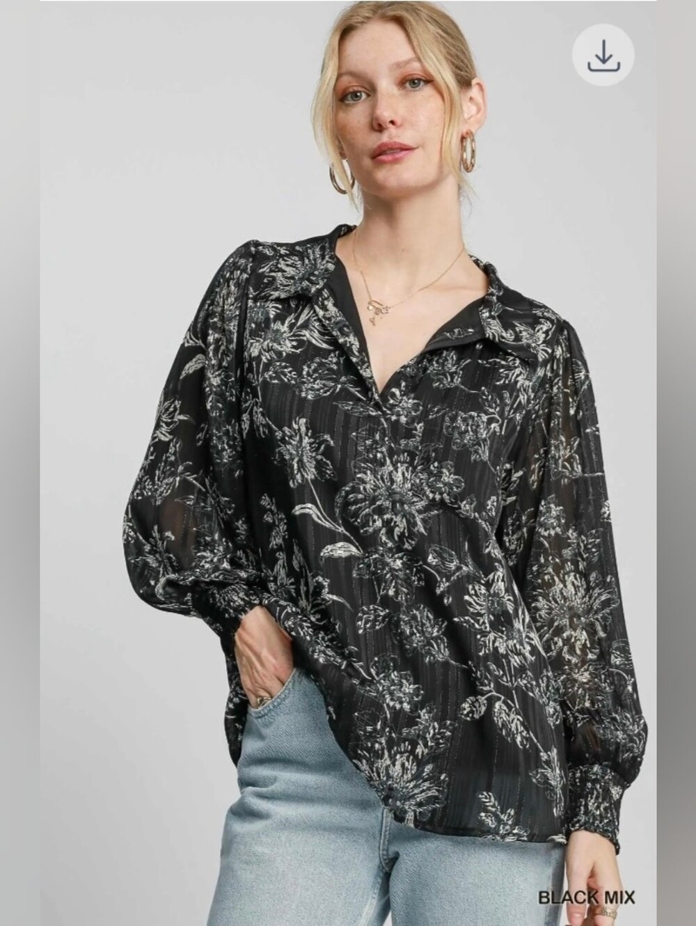 Umgee Black & White Floral Sheer Blouse Top Smocked Cuffs NWT S M L
